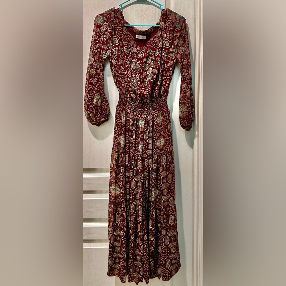 Abercrombie & Fitch Long Sleeve Smocked Waist Midi Paisley Peasant Dress*